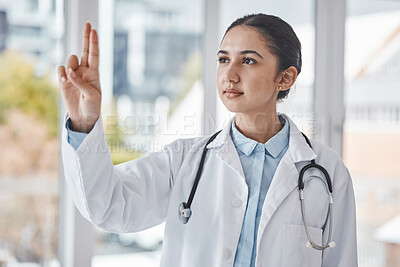 Buy stock photo Healthcare, pointing fingers and doctor in a hospital after a wellness or health consultation. Medicare, hand and professional female medical worker standing with a gesture in a medic clinic.