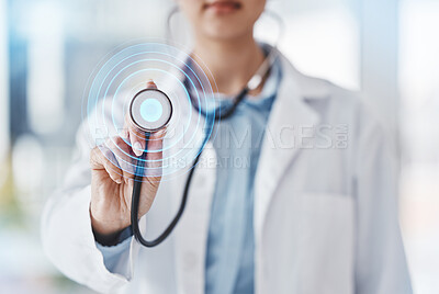 Buy stock photo Stethoscope, digital heartbeat and doctor in hospital, woman hands and expert asthma consulting. Healthcare worker, cardiology and graphic pulse for breathing, lungs test or tuberculosis medical help