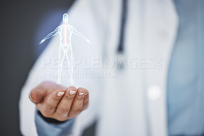Buy stock photo 3d skeleton hologram, hands or doctor on AI overlay in office for futuristic, innovation or abstract information technology. Surgery, UX or healthcare nurse on medical, digital or human body diagram