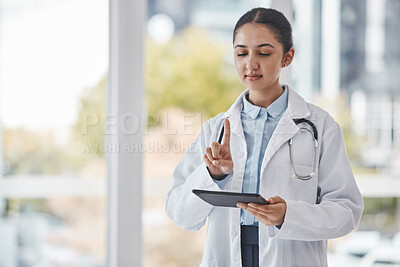 Buy stock photo Healthcare, research and doctor point with tablet for medical report, user interface and online consultation. Insurance, hospital and woman with digital tech for telehealth, ux finger and innovation