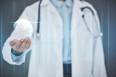 Buy stock photo World hologram, hands or doctor on AI overlay in office for futuristic, innovation or abstract information technology. 3d model, UX or healthcare nurse on medical, digital or future database software