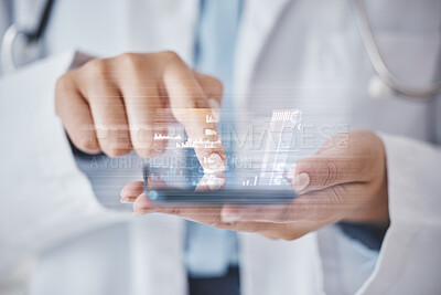 Buy stock photo Hologram, digital and doctor has phone with analytics information, analysis and data from the internet, web or website. Hands, app and futuristic healthcare professional with AI doing research online