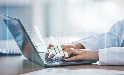 Buy stock photo Laptop, hands or overlay of business woman for investment schedule, calendar or stock market trading management. Zoom, finance worker typing on networking technology budget planning or cryptocurrency