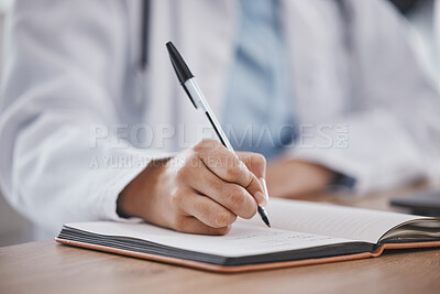 Buy stock photo Writing, book and notebook by doctor or healthcare professional with a prescription or making notes in an office. Hand, closeup and medical worker or employee in compliance with schedule
