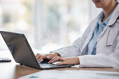 Buy stock photo Doctor hands, search or woman on laptop for medical research, medicine or healthcare data analysis review in hospital. Nurse, wellness or worker on tech for insurance news, science or pills study