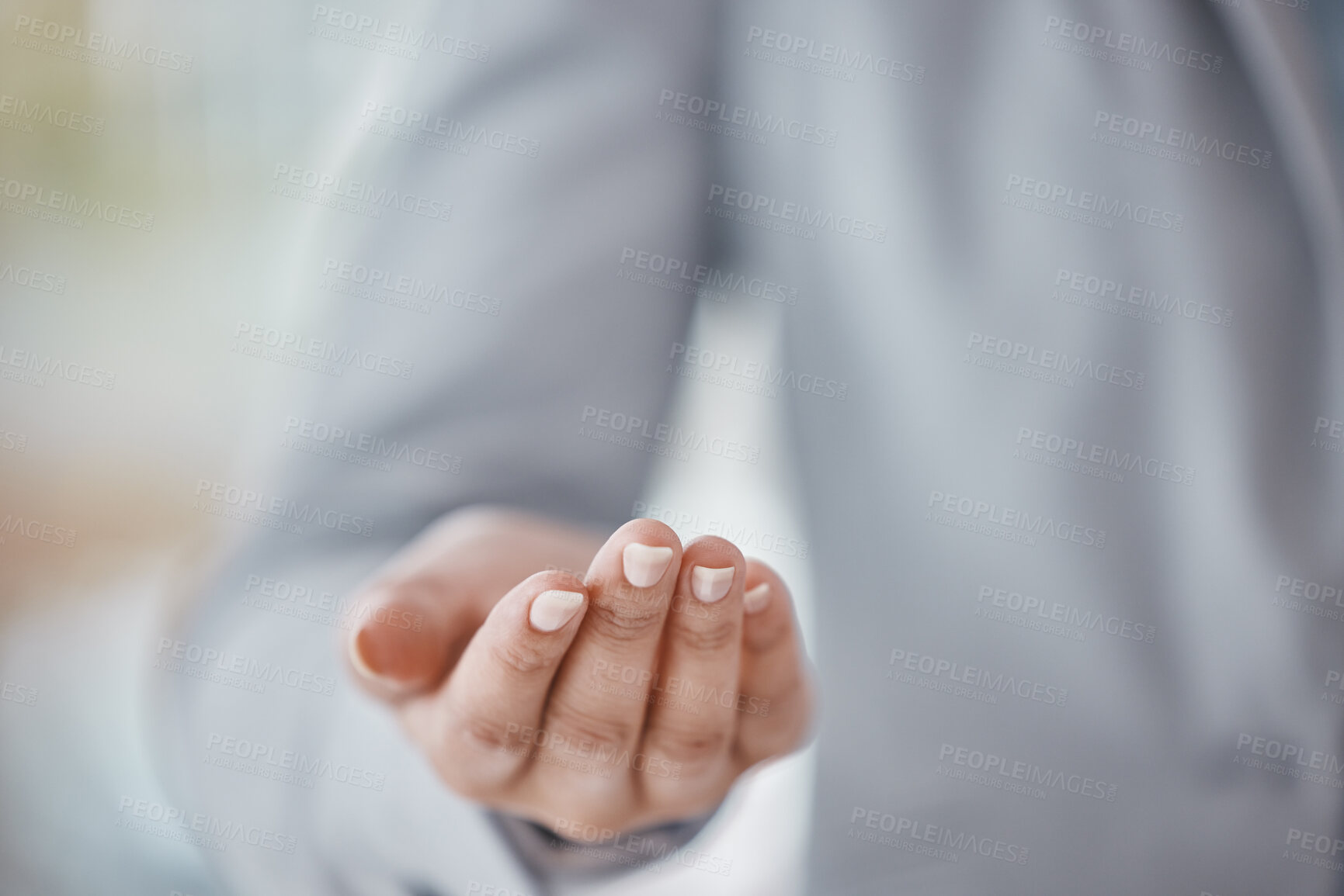 Buy stock photo Product placement, marketing and hand of an employee for branding, advertising and promotion. Showing, working and zoom of the palm of a business woman to advertise a service from a corporate company