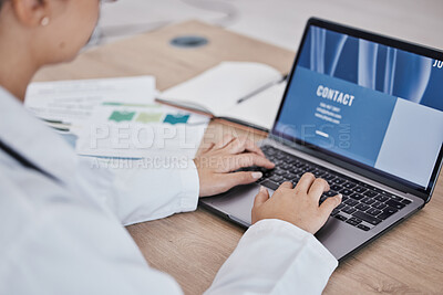 Buy stock photo Contact us, doctor or hands on laptop reading online medical research data, website or medicine report. Science, planning or healthcare woman on tech for hospital schedule, email agenda or compliance