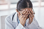 Burnout, stress or doctor woman with headache in office from depression, mental health or anxiety medical review. Tired, mental health or sad nurse frustrated, angry or depressed from medicine report