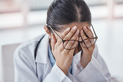 Buy stock photo Burnout, stress or doctor woman with headache in office from depression, mental health or anxiety medical review. Tired, pain or sad nurse frustrated, angry or depressed from medicine report mistake