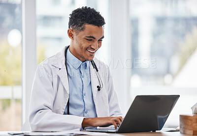 Buy stock photo Happy, black man doctor or laptop on internet medical research data, email or healthcare medicine report. Science, success or nurse smile on tech for hospital schedule, surgery agenda or clinic web