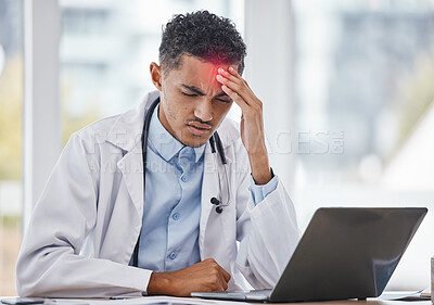 Headache, burnout or doctor man on laptop with stress from depression, mental health or anxiety medical feedback. Tired, mental health or sad nurse frustrated, depressed or pain from medicine report