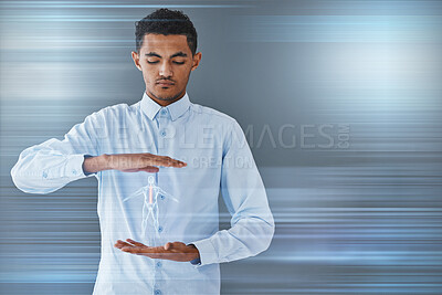 Buy stock photo Doctor, body hologram and medical ai graphic with an Indian man holding futuristic hospital data. Mock up, healthcare worker and professional wellness consultant with digital anatomy information