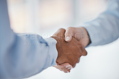 Buy stock photo B2B partnership meeting or business people shaking hands for welcome, collaboration or company teamwork. Diversity, networking or handshake for success deal, thank you or corporate support and trust