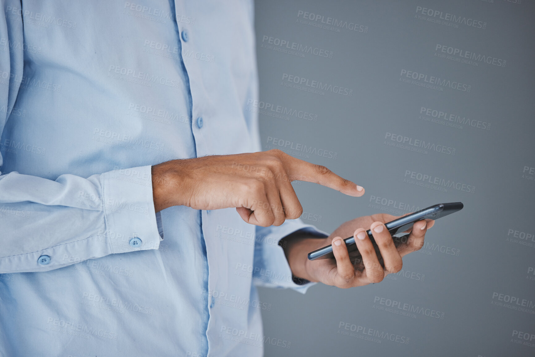 Buy stock photo Mockup, phone or financial advisor black man hands for finance, investment review or planning company budget. Search, typing or employee on smartphone for trading, crypto app or stock market growth