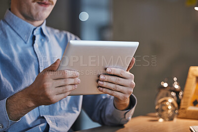 Buy stock photo Hands, tablet and office with businessman in night for web design, planning and development of app. Developer, mobile touchscreen and innovation for software, website ux and dark blurred background