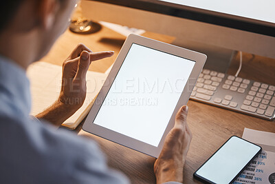 Buy stock photo Tablet screen, mockup and man hands in night trading, stock market research and fintech on digital app. Website, investment and business person with web 3.0, technology and software analytics mock up