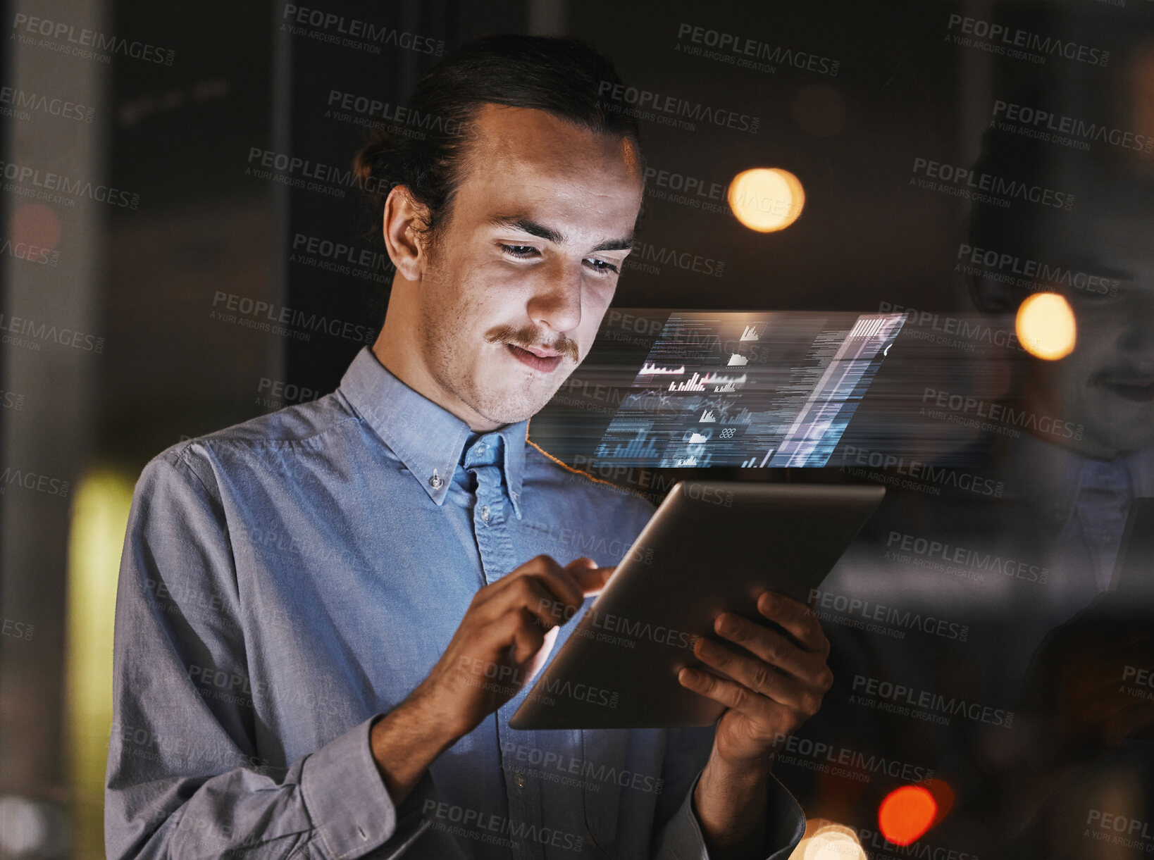 Buy stock photo Digital tablet, night and businessman working with 3d overlay for trading, crypto or market research. Technology, innovation and professional male employee analyzing charts on mobile device in office