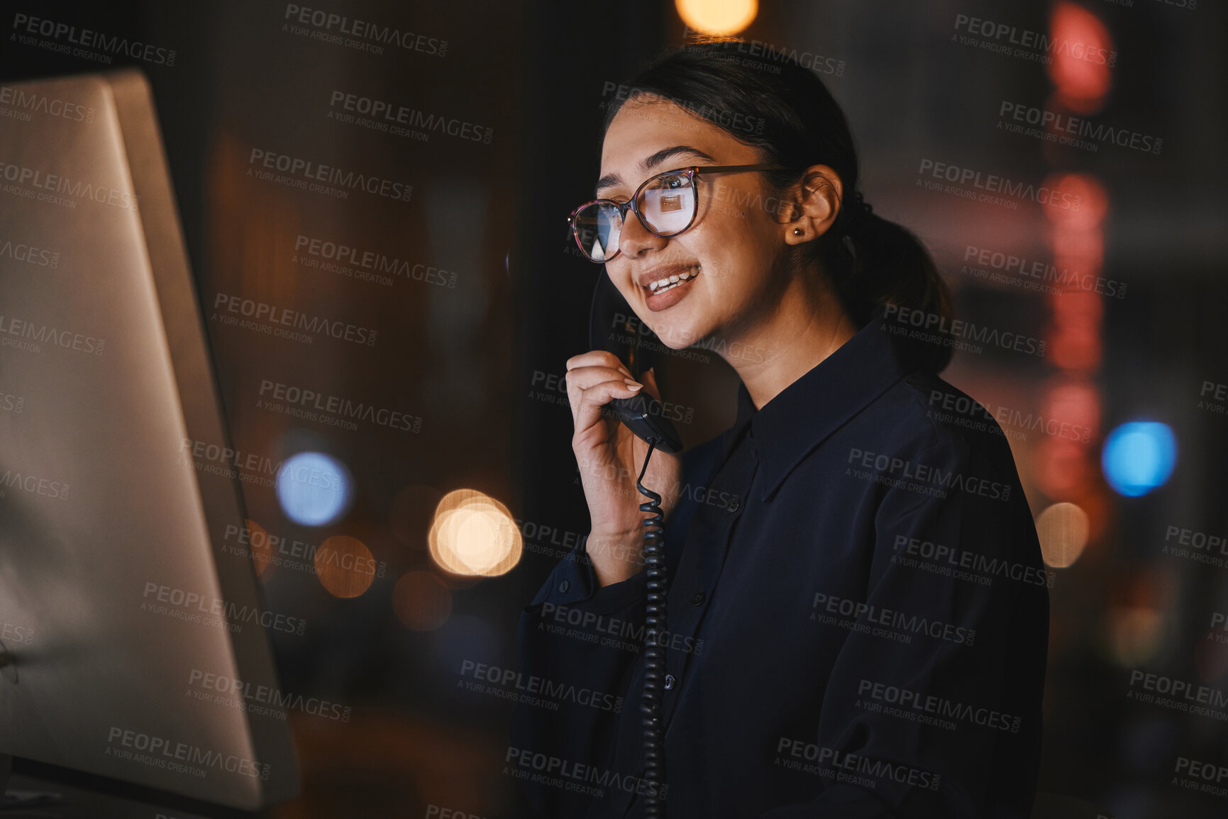 Buy stock photo Phone call, computer and talking woman at work for communication, planning and networking at night. Corporate, connection and a business employee speaking on a telephone with a pc in the dark