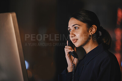 Buy stock photo Office, night and business woman on a phone call for communication, networking and customer support. Receptionist, secretary and female on telephone for online feedback, telemarketing and connection