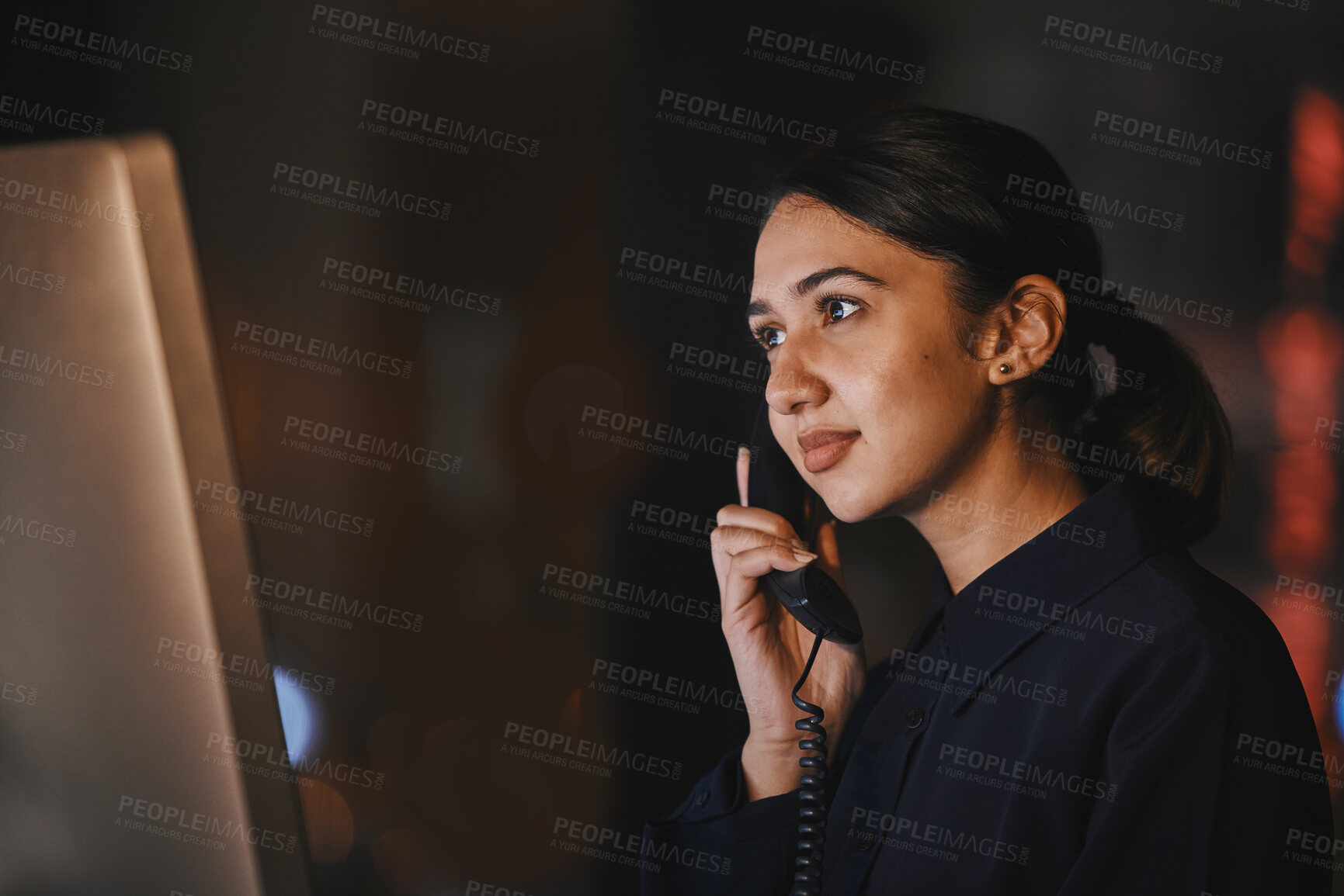 Buy stock photo Office, night and business woman on a phone call for communication, networking and customer support. Receptionist, secretary and female on telephone for online feedback, telemarketing and connection