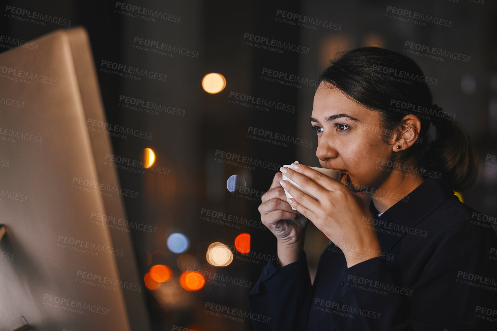Buy stock photo Coffee, computer and night with a business woman in the office, working overtime late for a deadline. Research, thinking and caffeine with a dedicated female employee at work on a global project