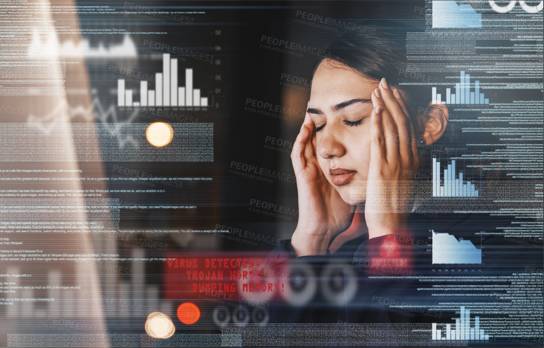 Buy stock photo Stats, digital and woman with a headache and computer while working in investment at night. Stress, burnout and stock market employee tired and frustrated with data problem on a pc during overtime