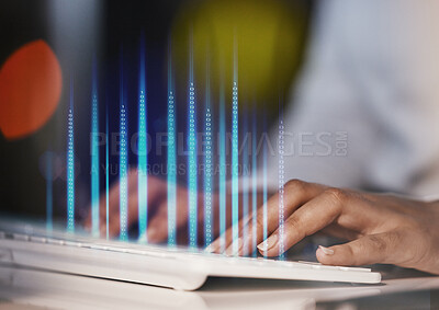Buy stock photo Hands, computer keyboard and business woman overlay while typing at night for information technology. Person online for trading database, cybersecurity or futuristic ai for data analysis or trading