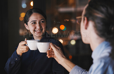 Buy stock photo Business people, night and office with coffee cup together for toast, motivation and energy for project. Businessman, woman and drink for celebration, team building and success in dark workplace