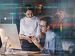 Cybersecurity overlay, futuristic graphic and computer software database of it workers talking. Tablet, digital data hologram and information technology work of a office team working on web research