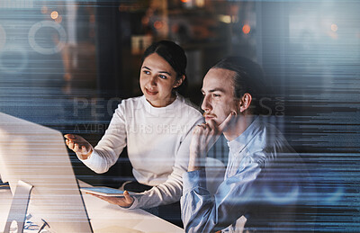 Buy stock photo Cybersecurity overlay, futuristic team data and ux computer database of it workers talking. Tablet, digital hologram and information technology work of a office team working on research at night