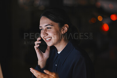 Buy stock photo Office, talking and business woman on a phone call for virtual meeting, discussion and planning at night. Communication, social networking and girl chat, speaking and in conversation on smartphone