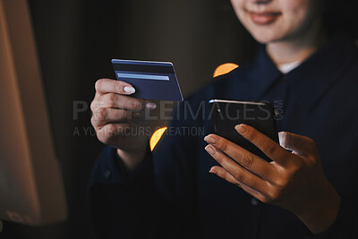 Buy stock photo Business, bank and hands with credit card and phone in office at night for virtual purchase, payment and sale. Ecommerce, technology and woman with smartphone for internet banking or online shopping
