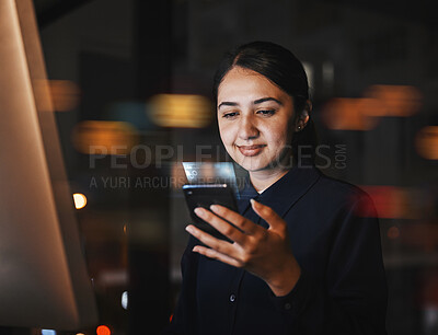 Buy stock photo Office, hologram and business woman with phone for online website, email and social media at night. Communication, network overlay and girl with smartphone for futuristic app, connection and research