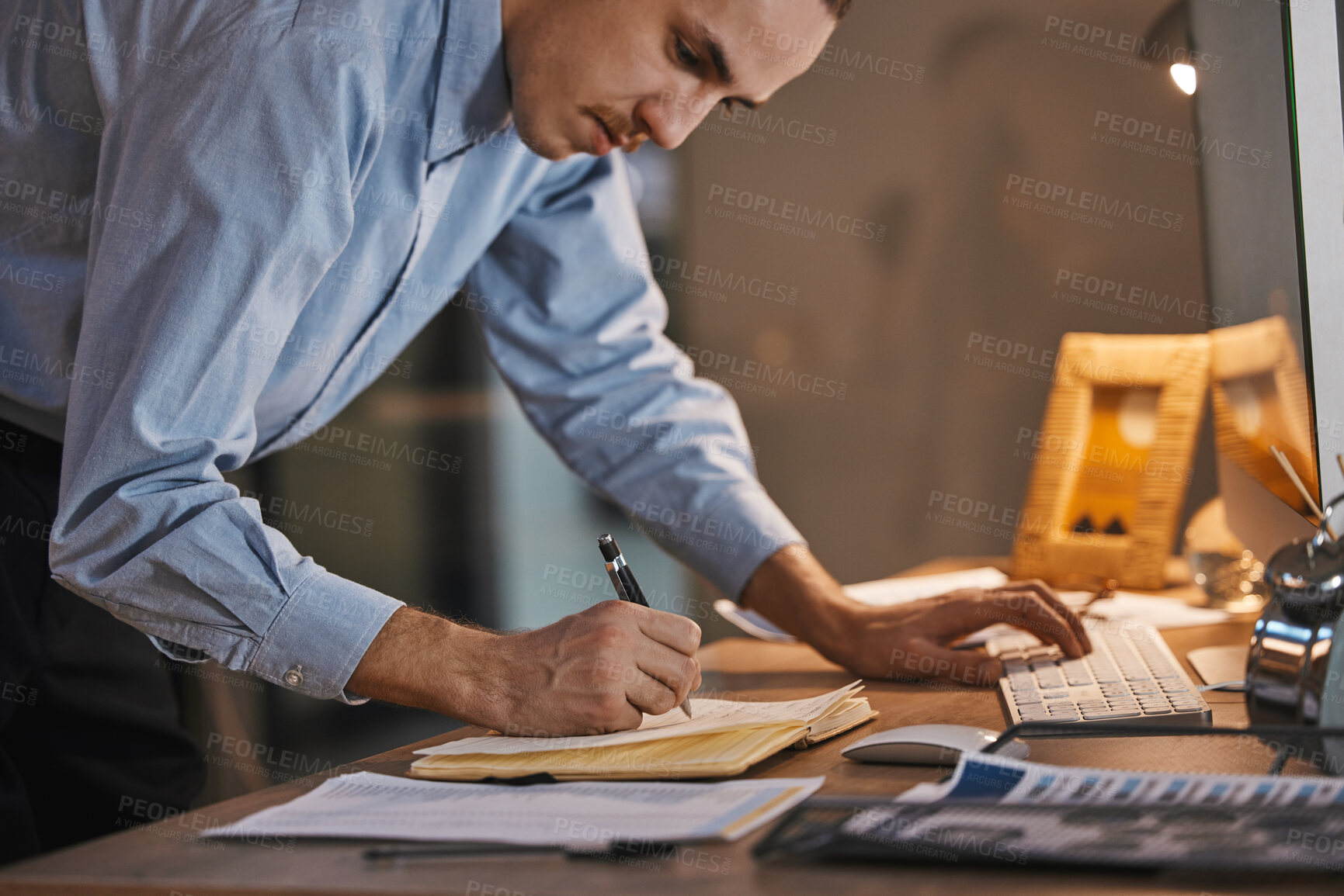 Buy stock photo Business man, writing and data with keyboard, analytics and  IT code, work overtime for deadline and notebook. Working night, email and programming, checklist with digital notes and software update
