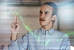 Businessman, graph overlay and night in office for financial goal, progress or market analysis for future. Man, 3d holographic chart and hands for growth, profit and data analytics for fintech vision