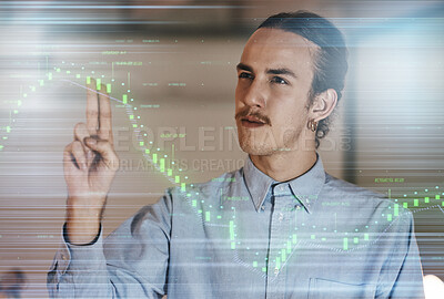 Buy stock photo Businessman, statistics overlay and night in office for financial goal, progress or market analysis for future. Man, 3d hologram chart or hands for growth, profit or data analytics for fintech vision