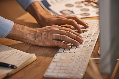 Buy stock photo Business man, hands and coding with keyboard zoom, analytics and IT code, work overtime with deadline. Working night, email and programming with software update and communication with programmer