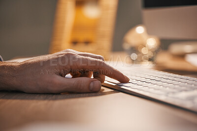 Buy stock photo Hands, keyboard and typing at night for digital planning, strategy or online research at office desk. Closeup hand of person or employee working overtime on computer at desktop for project deadline