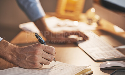 Buy stock photo Business man, hand with writing and data with keyboard, analytics and  IT code, work overtime for deadline and notebook. Working night, email and programming, checklist with notes and software update