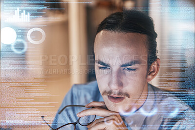 Buy stock photo Man, thinking and idea for digital marketing, advertising or corporate data and strategy in double exposure. Male employee contemplating business decision, analysis or company statistics on overlay