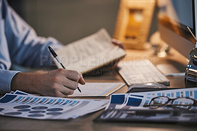 Buy stock photo Businessman, hands or writing on documents in night office for data analytics, target audience research or marketing kpi review. Zoom, worker or employee working late on paper or advertising feedback