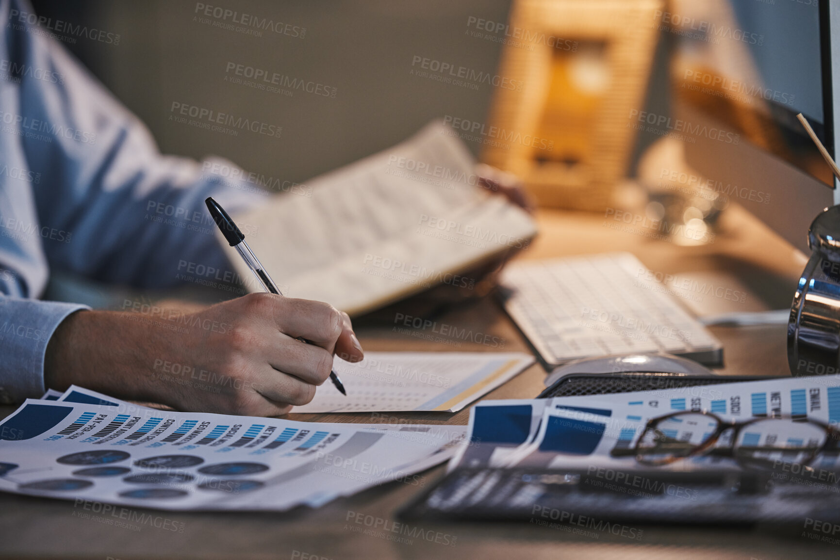 Buy stock photo Businessman, hands or writing on documents in night office for data analytics, target audience research or marketing kpi review. Zoom, worker or employee working late on paper or advertising feedback