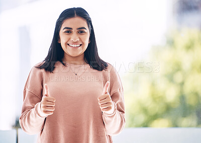 Buy stock photo Thumbs up, success and portrait of business woman in office for thank you, welcome and leadership gesture. Corporate, support and female worker smile with hand sign for approval, yes and agreement