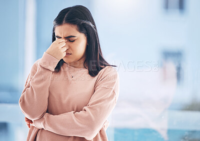 Buy stock photo Headache, stress or anxiety with an indian woman on a blurred background suffering from pain or burnout. Compliance, mental health or mistake and a frustrated young female struggling with a migraine