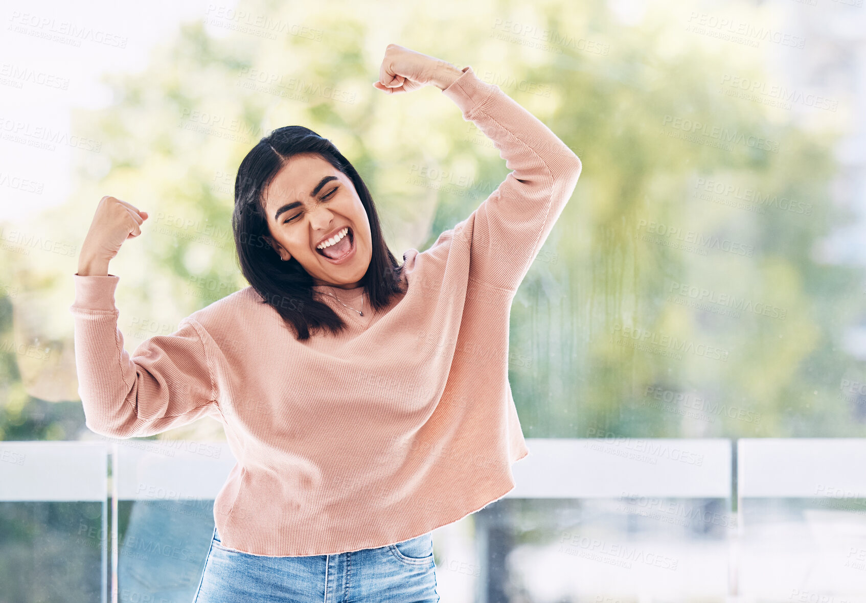 Buy stock photo Yes, winner and Indian woman with winning, success and bonus arms or fist pump for excited news. Celebration, freedom and dance of a happy young person dancing for opportunity, achievement or results