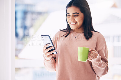 Buy stock photo Woman, phone or drinking coffee in house, home or penthouse apartment on social media app, internet or dating website. Happy smile, student and relax tea cup, mobile blog or communication technology