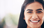 Smile, happy and portrait of a beautiful woman with mockup space, success and vision at a company. Business, work and face of an Indian employee at a corporate agency with happiness and excited