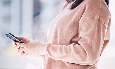 Buy stock photo Social media, chat and hands of an employee with a phone for communication, email and internet. Contact, typing and woman with connection to the web on a mobile for an app, conversation and message