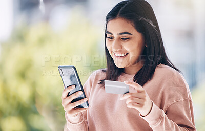 Buy stock photo Happy woman, phone or credit card for online shopping, e commerce or home internet banking on fintech app. Smile, customer or ecommerce on mobile technology for house retail or website store payment