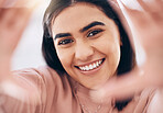 Selfie, freedom and portrait of female with smile for positive, optimistic and good confident mindset. Happy, beauty and excited face of young woman from Puerto Rico taking picture for social media.